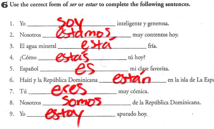 Ser and estar worksheets with answers