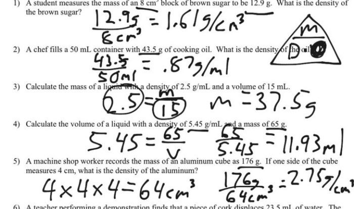 Density calculations worksheet answer key