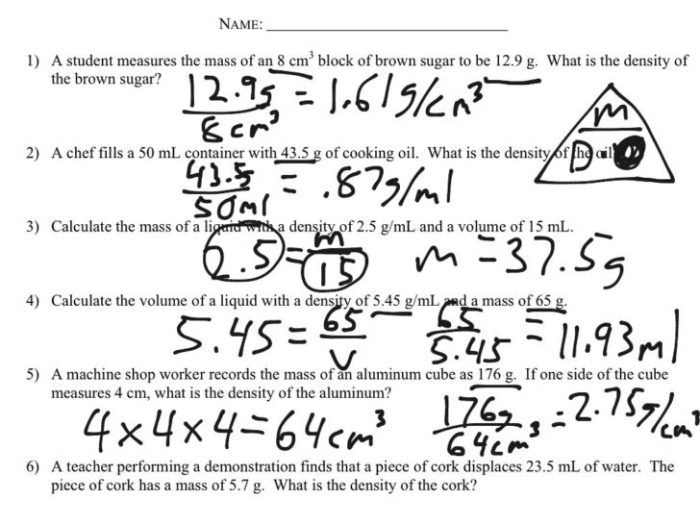 Density calculations worksheet answer key